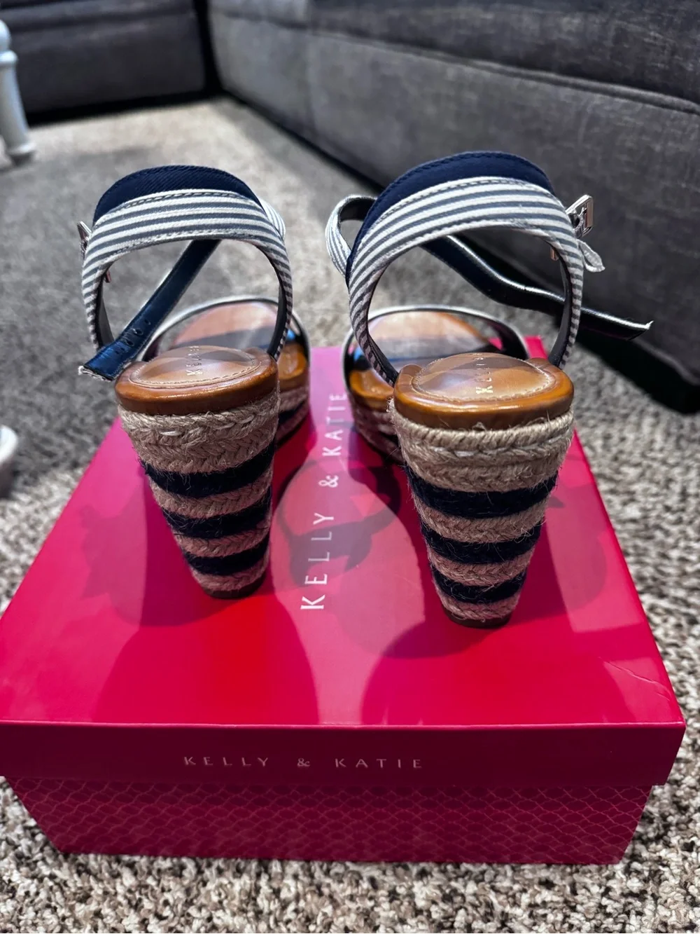 Kelly and Katie. Navy and White striped wedges
